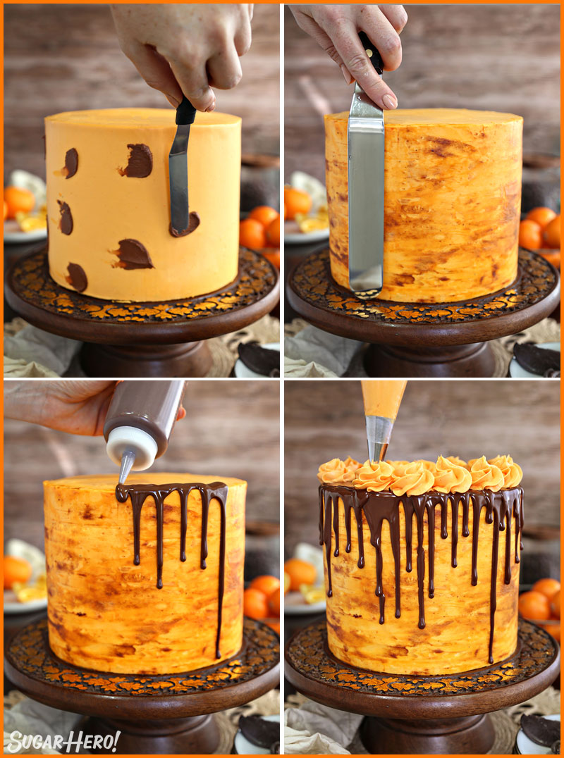  collage of how to frost and decorate a chocolate orange cake