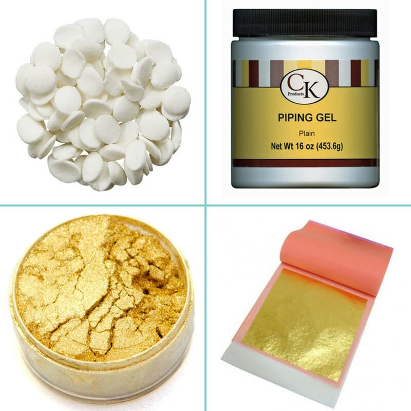 Some specialty equipment you'll need to make a Gold Sequin Watercolor Cake | From SugarHero.com Gold Sequin Watercolor Cake - collage of supplies needed | From SugarHero.com