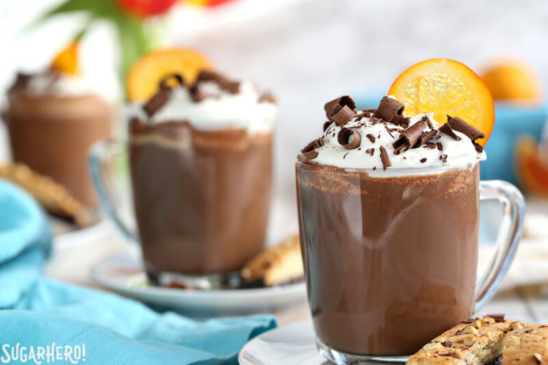 Three mugs of Orange Hot Chocolate in a row | From SugarHero.com