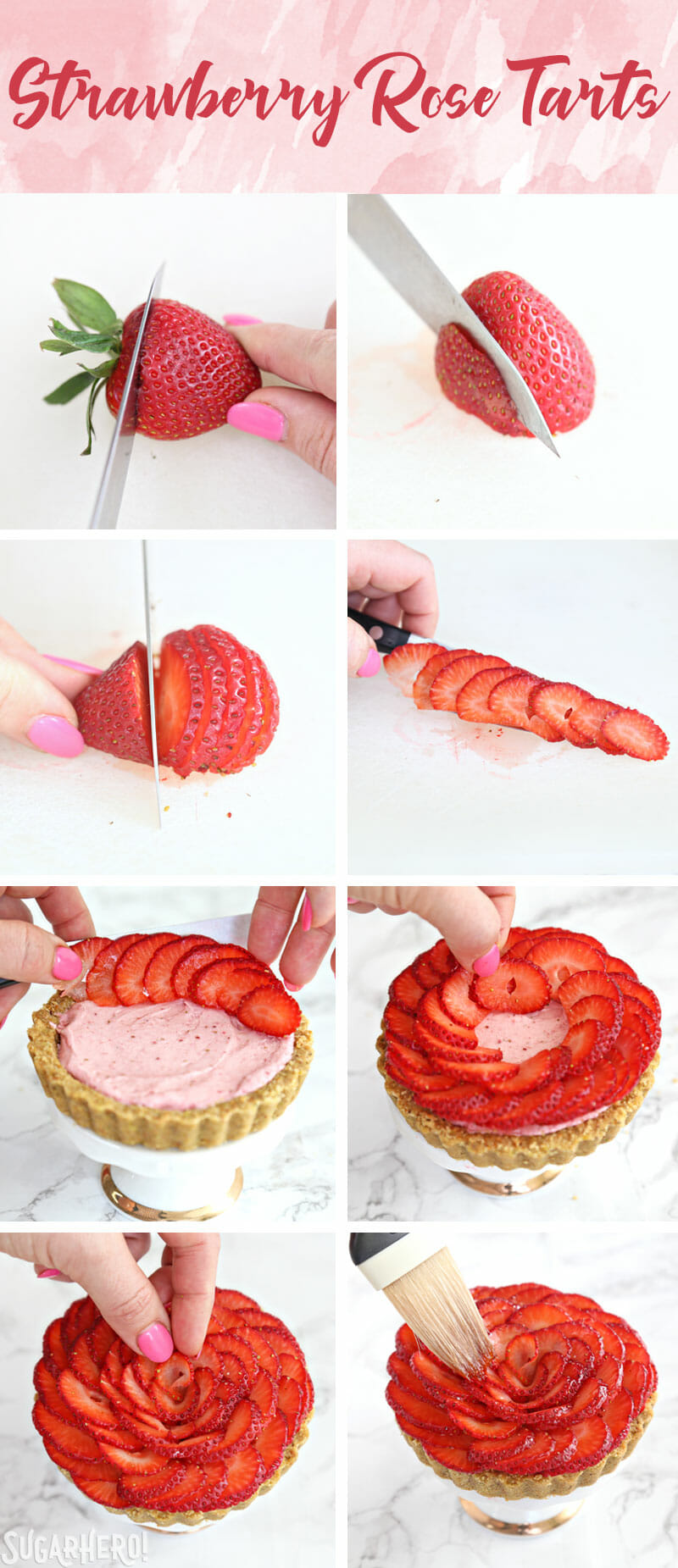 Strawberry Rose Tarts - picture tutorial showing how to assemble the strawberries on top of a strawberry rose tart | From SugarHero.com