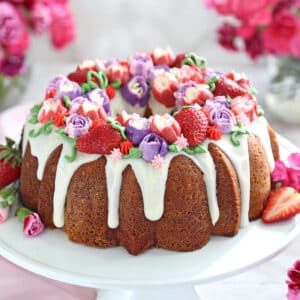 Top view of a decorated Strawberry Swirl Bundt Cake.