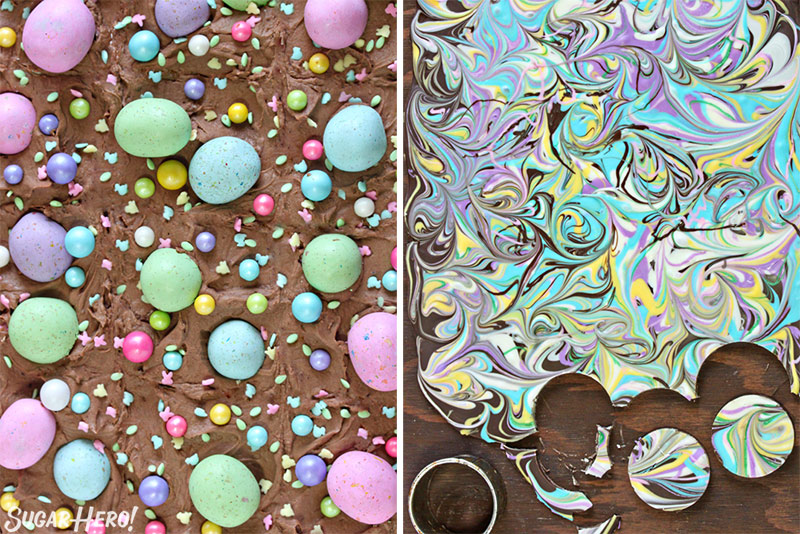 Two photo collage showing chocolate egg candies and sprinkles on a layer of chocolate frosting and the other photo showing chocolate bark swirled with pastel colors.