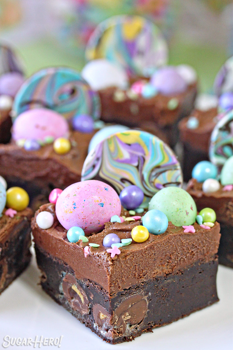Malted Milk Chocolate Brownies -close-up of brownies with colorful sprinkles and candies on top | From SugarHero.com