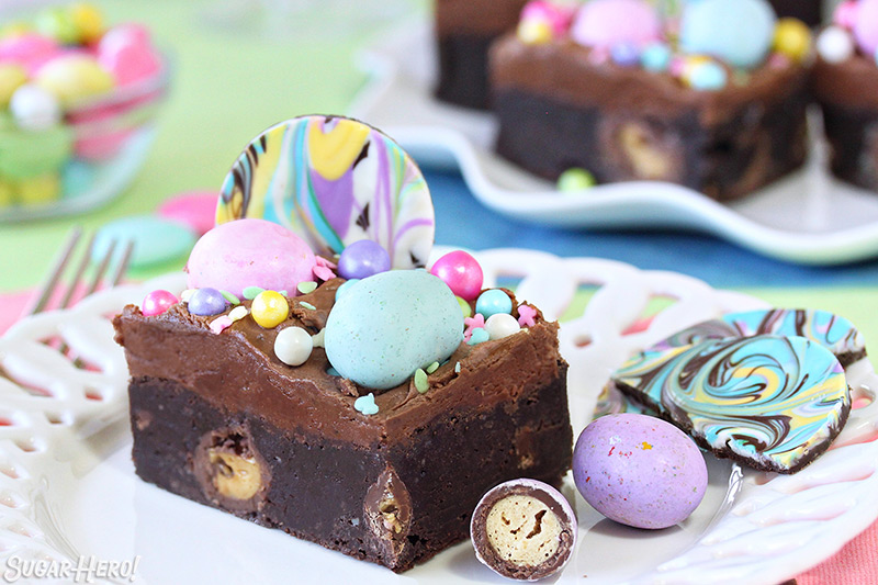 Malted Milk Chocolate Brownies - single brownie on a plate with fun, colorful toppings | From SugarHero.com