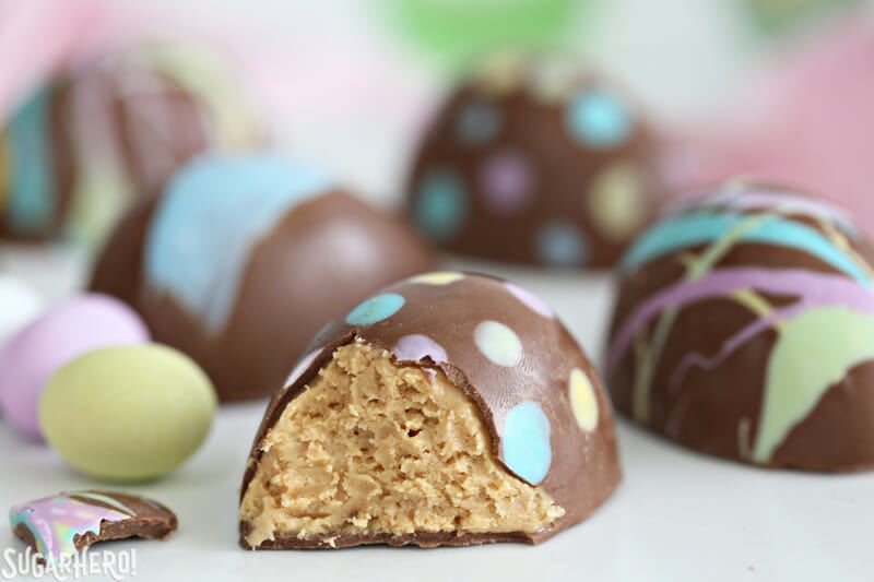 Close-up of Peanut Butter Easter Eggs with a bite taken out of it