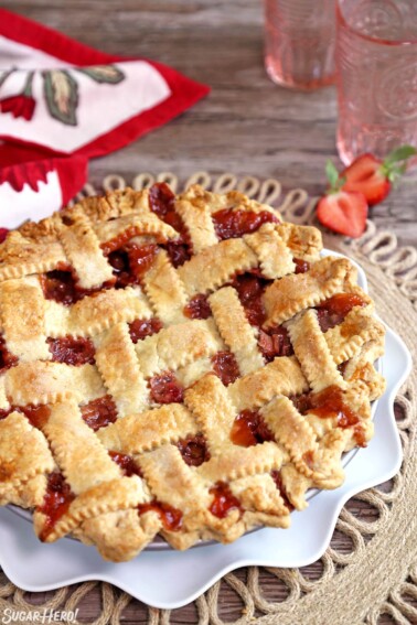Close up of a Strawberry Rhubarb Pie.