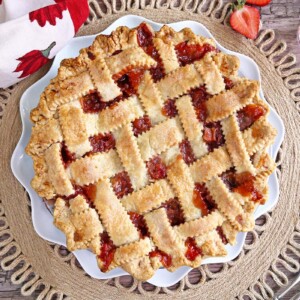 Top view of a Strawberry Rhubarb Pie.