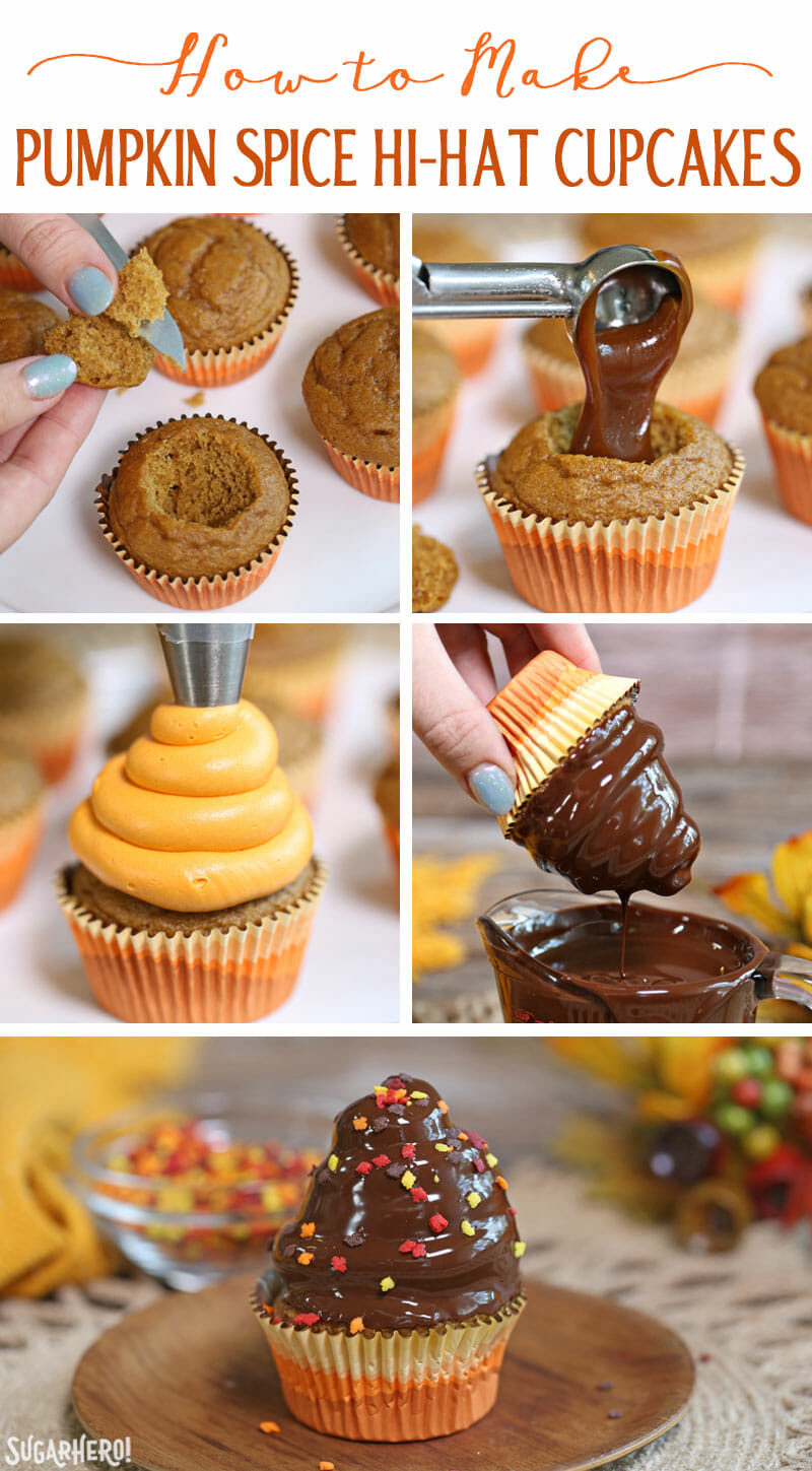 Pumpkin Spice Hi-Hat Cupcakes - A collage of assembling the cupcakes. | From SugarHero.com