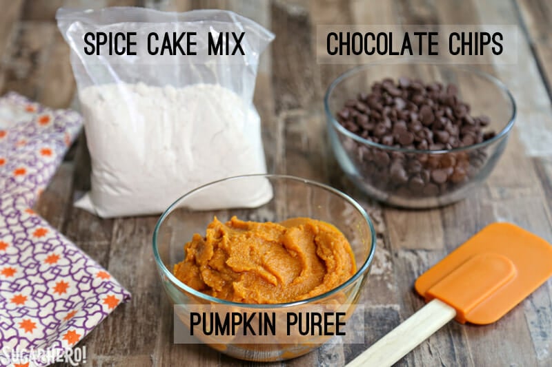 3-Ingredient Pumpkin Chocolate Chip Cookies are a super fast fall dessert! These cookies are made with 3 common pantry ingredients and the whole family is guaranteed to love them! | From SugarHero.com 3-Ingredient Pumpkin Chocolate Chip Cookies - picture of three ingredients required to make pumpkin chocolate chip cookies | From SugarHero.com