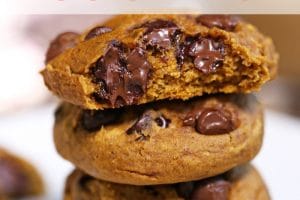 1 photo of stacked pumpkin chocolate chip cookies with overlay of recipe title.