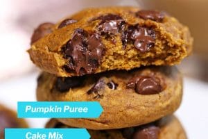 1 photo of stacked pumpkin chocolate chip cookies with overlay of recipe title and ingredient list.