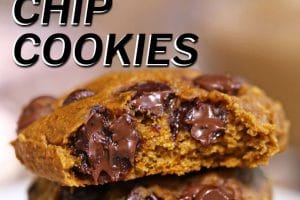 1 photo of stacked pumpkin chocolate chip cookies with overlay of recipe title in black.