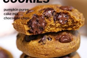 1 photo of stacked pumpkin chocolate chip cookies with overlay of ingredient list in black.