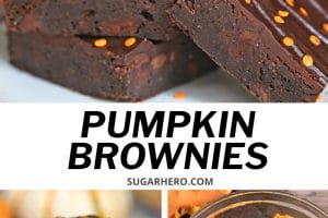 3 photo collage of 2-Ingredient Pumpkin Brownies with text overlay for Pinterest.