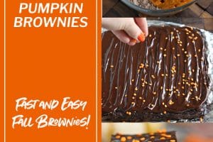 3 photo collage of 2-Ingredient Pumpkin Brownies with text overlay for Pinterest.