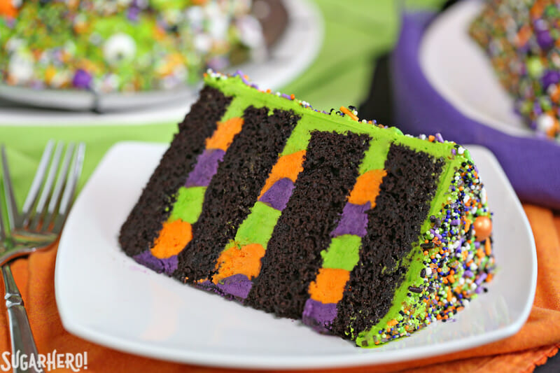 Close-up on a slice of Monster Cake on a plate 