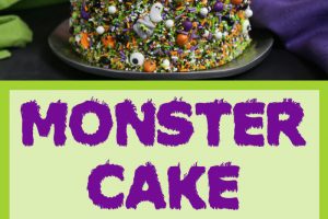 2 photo collage of the Monster Cake with text overlay for Pinterest.