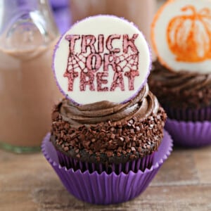 Close up of a Stamped Halloween Cupcake in a purple wrapper.