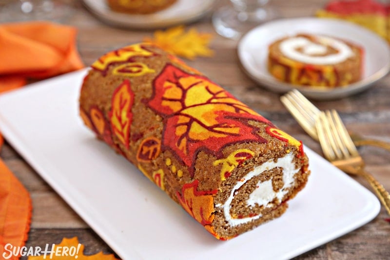  a shot of the pumpkin roll showing the piped designs. 