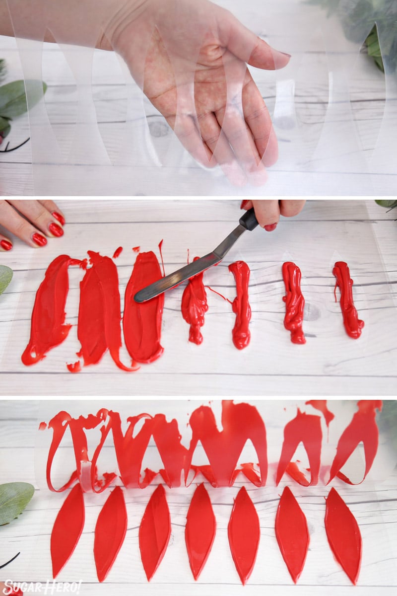 Blooming Chocolate Flowers - three-panel photo showing how to make red chocolate petals | From SugarHero.com