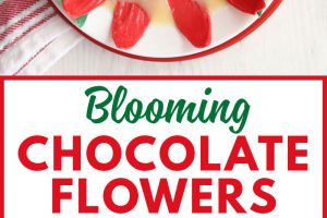 2 photo collage of Blooming Chocolate Flowers with text overlay for Pinterest.