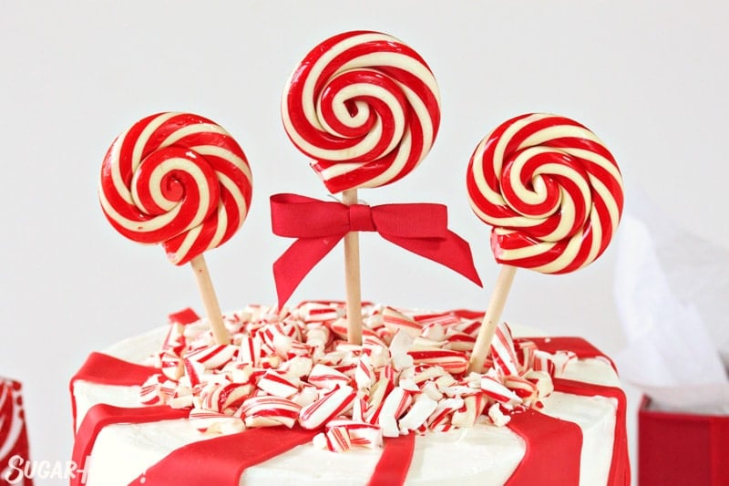 Candy Cane Chocolate Cake - close-up of striped lollipops on top of cake | From SugarHero.com