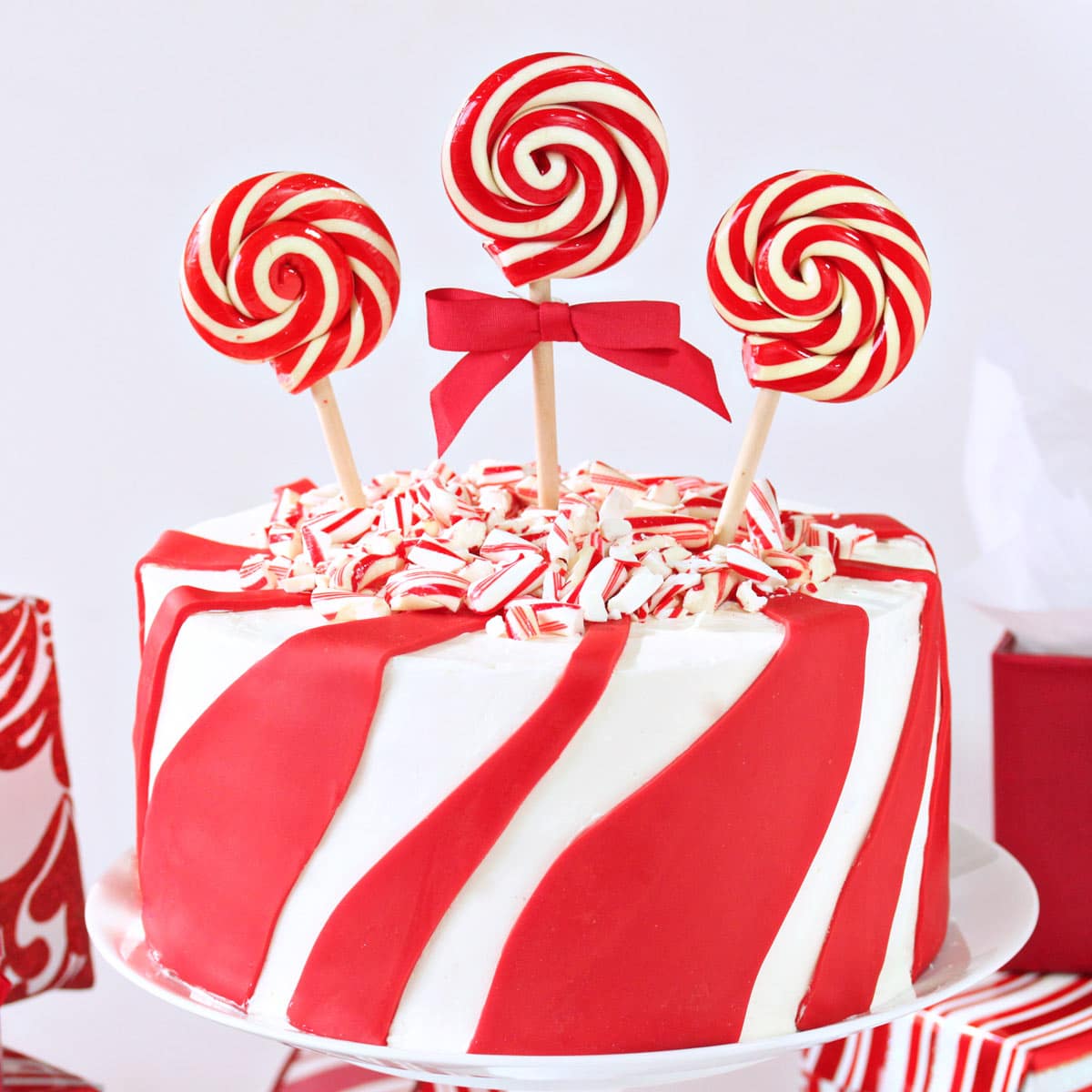 Close up of a Candy Cane Chocolate Cake.