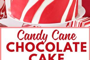 2 photo collage of Candy Cane Chocolate Cake with text overlay for Pinterest.