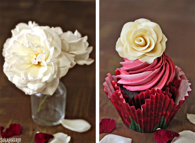 Chocolate Rose Cupcakes are moist chocolate cupcakes, topped with a beautiful swirl of red frosting and a sweet white chocolate rose. Learn how to make these hand-formed edible roses, and use them on cupcakes, cakes, and so many more desserts! | From SugarHero.com Chocolate Rose Cupcakes - A collage of two photos. The left photo is a white rose displayed in a jar, the right photo is a single cupcake displayed with a chocolate rose on top. | From SugarHero.com