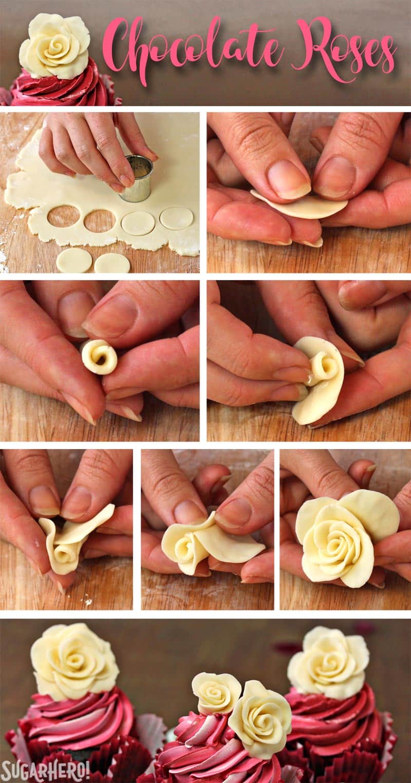 Chocolate Rose Cupcakes are moist chocolate cupcakes, topped with a beautiful swirl of red frosting and a sweet white chocolate rose. Learn how to make these hand-formed edible roses, and use them on cupcakes, cakes, and so many more desserts! | From SugarHero.com Chocolate Rose Cupcakes - A collage of pictures to show step by step how to create the chocolate roses. | From SugarHero.com