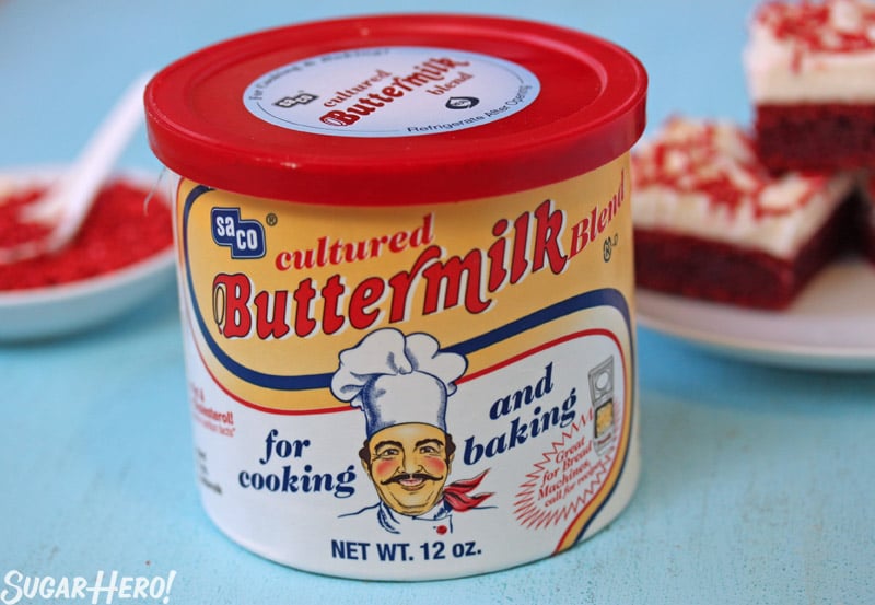 Red Velvet Bars - A 12 oz. container of cultured buttermilk blend. | From SugarHero.com 