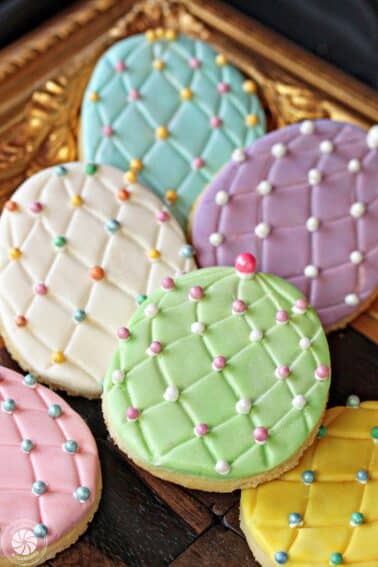 Easter Egg Sugar Cookies with colorful sugar pearl accents