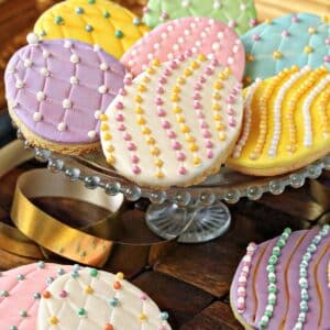 Easter Egg Sugar Cookies on a glass plate