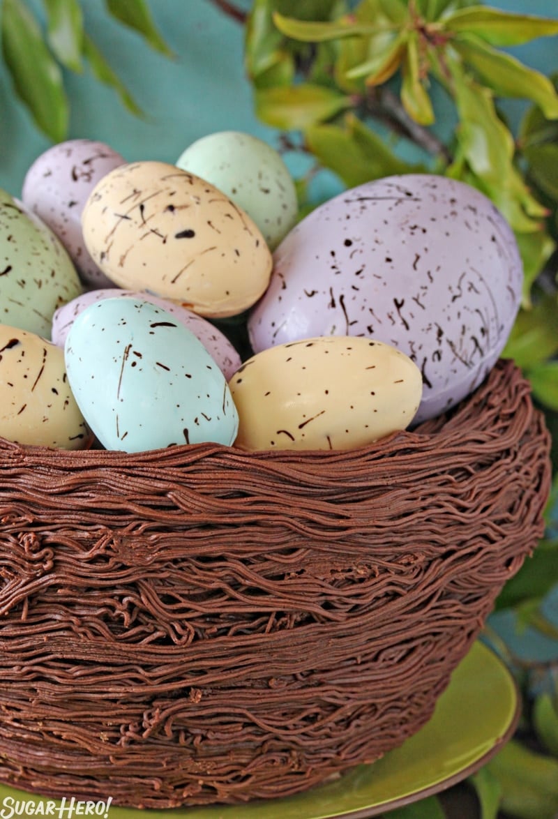 Close up of Easter Nest Cake with greenery in the background.