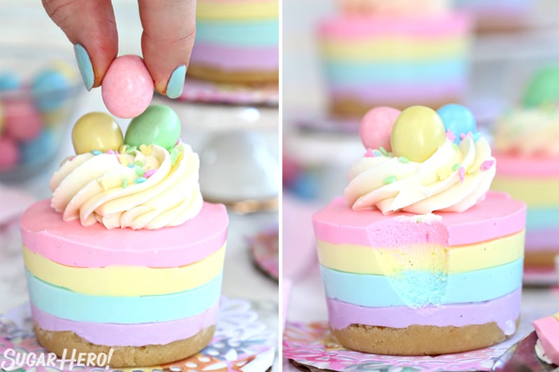 Process collage showing how to decorate Easter no-bake cheesecakes with candy eggs.