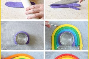 Photo collage showing process of how to make a fondant rainbow cake topper.