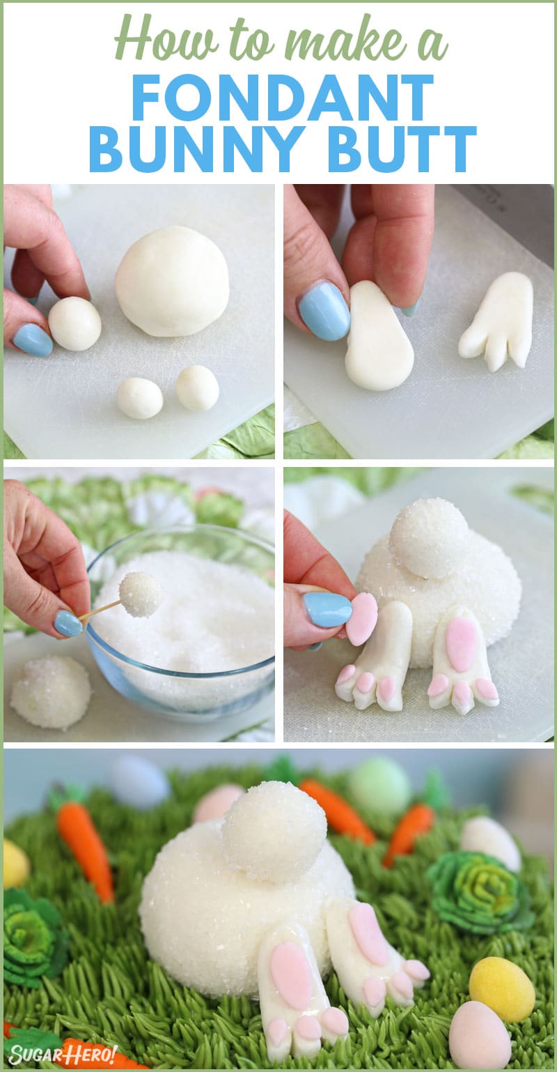 Five-part instructional collage showing how to make a bunny butt out of fondant and sparkling sugar
