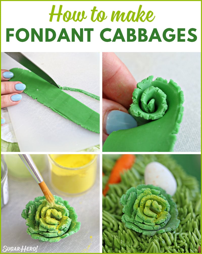 Four-part instructional collage showing how to make cabbages out of fondant