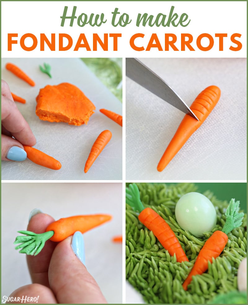 Four-part instructional collage showing the steps for making fondant carrots