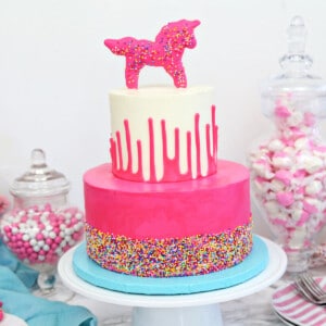 Close up of a Circus Animal Layer Cake next to jars of pink and white candy.