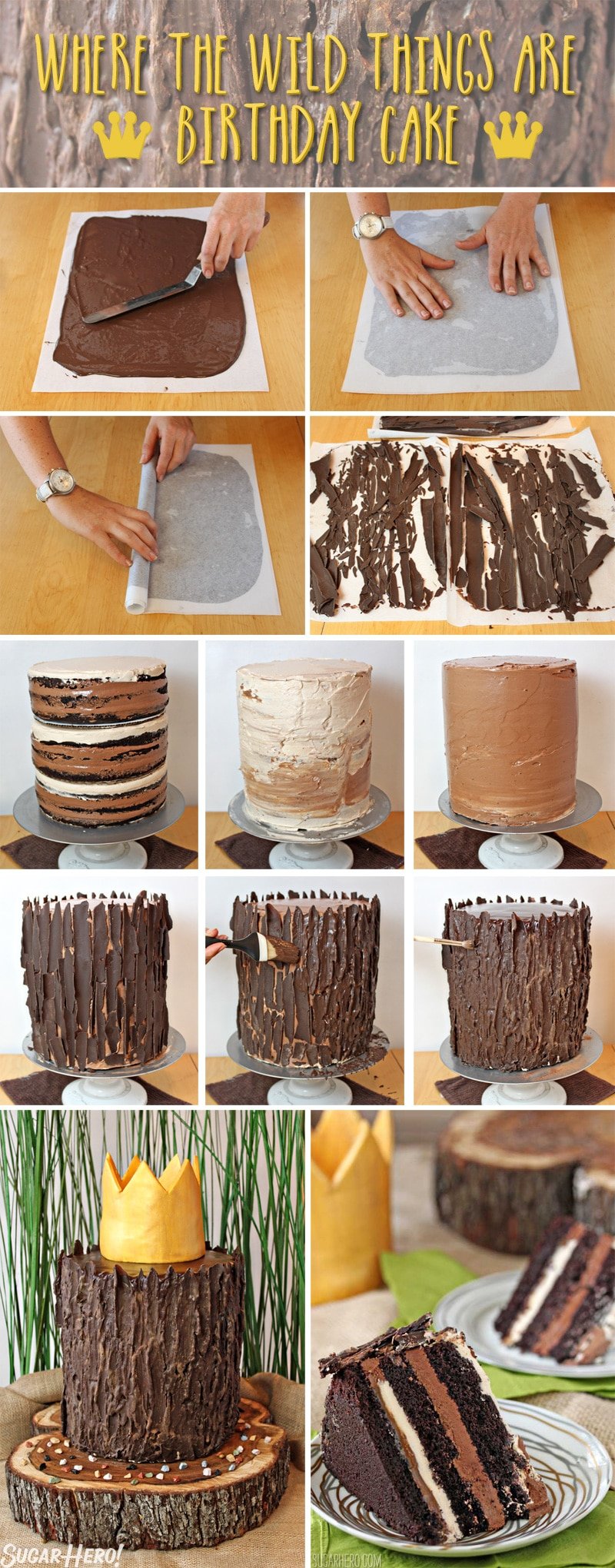 Where the Wild Things Are Birthday Cake - Collage of how to make the chocolate bark and assemble. | From SugarHero.com 