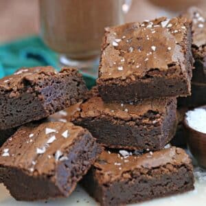 A stack of Salted Fudge Brownie squares.