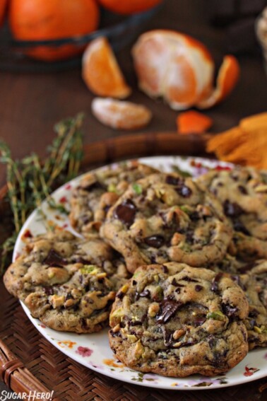 A stack of Clemen-Thyme Chocolate Chunk Cookies on a plate.