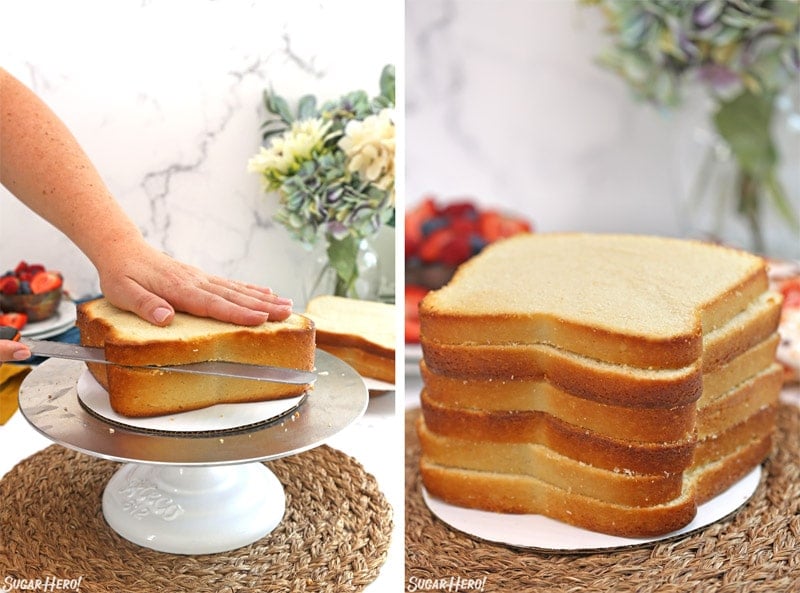 Collage showing slicing the butter cake and a tall stack of cake layers