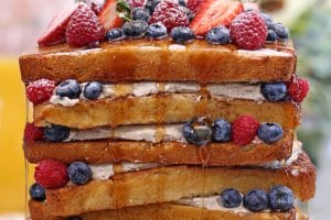 Photo of a French Toast Cake with text overlay for Pinterest.