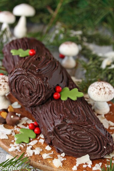 Peanut Butter Cup Yule Log on a wooden surface.