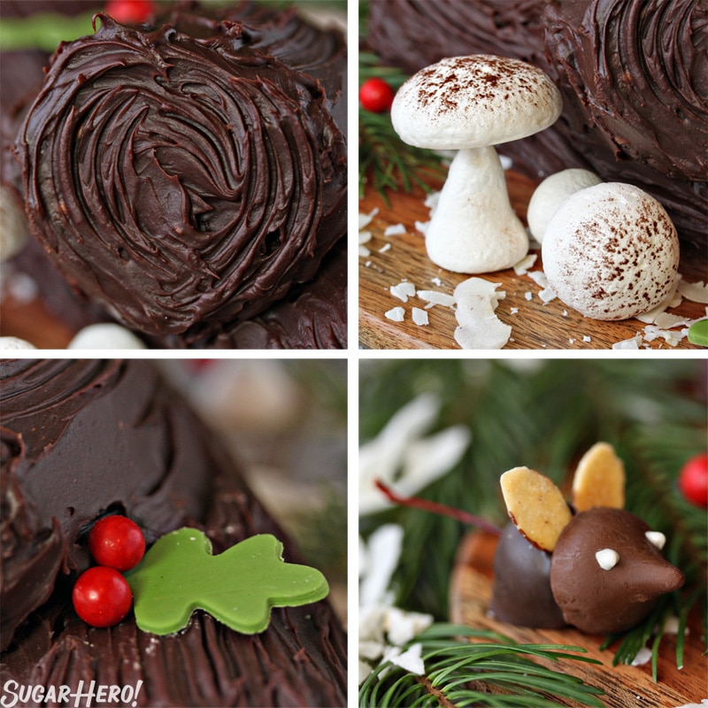 Peanut Butter Cup Yule Log - A collage of the decorations for the yule log. | From SugarHero.com