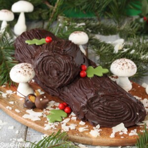 Peanut Butter Cup Yule Log on a wooden surface.