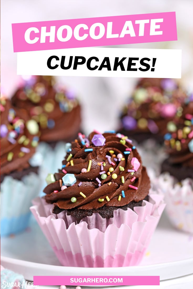 Pinterest picture of chocolate cupcake recipe with descriptive text on top