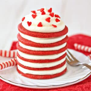 Red Velvet Icebox Cake on red and white doilies.